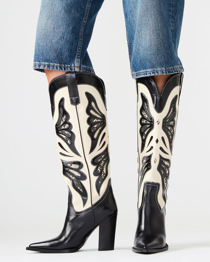 KAZ Black/White Pointed-Toe Knee-High Block Heel Western Women's Boot - Steve Madden