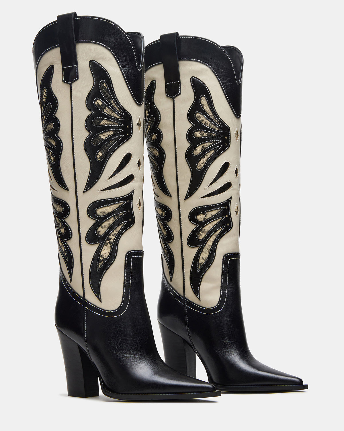KAZ Black/White Pointed-Toe Knee-High Block Heel Western Women's Boot - Steve Madden