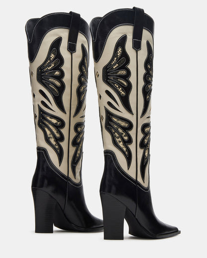 KAZ Black/White Pointed-Toe Knee-High Block Heel Western Women's Boot - Steve Madden