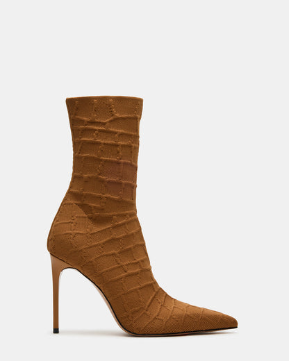 MIDNITE Tan Crocodile Pointed-Toe Stiletto Heel Sock Women's Ankle Boot - Steve Madden