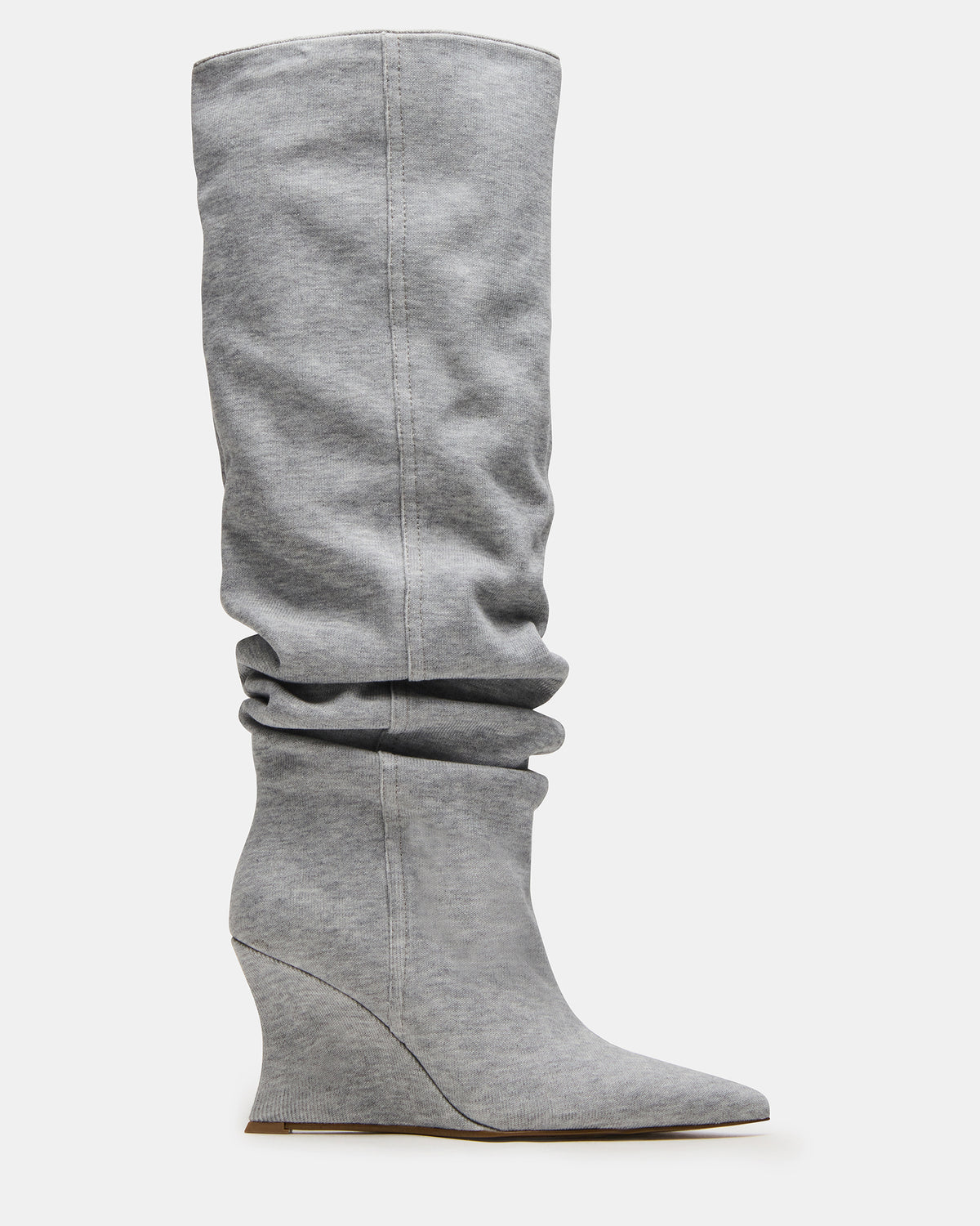 DISTORTION Grey Fabric Pointed-Toe Scrunched Knee-High Wedge Women's Boot - Steve Madden