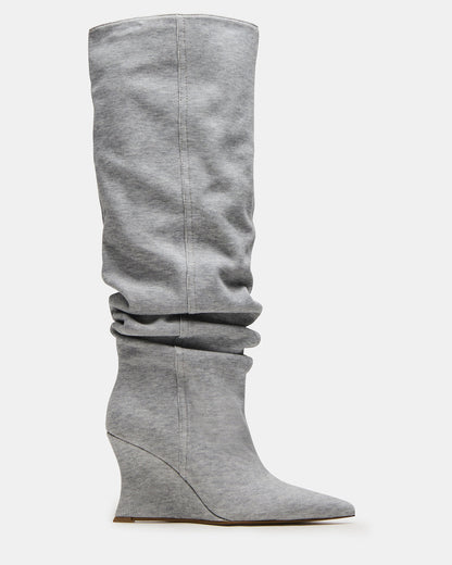 DISTORTION Grey Fabric Pointed-Toe Scrunched Knee-High Wedge Women's Boot - Steve Madden
