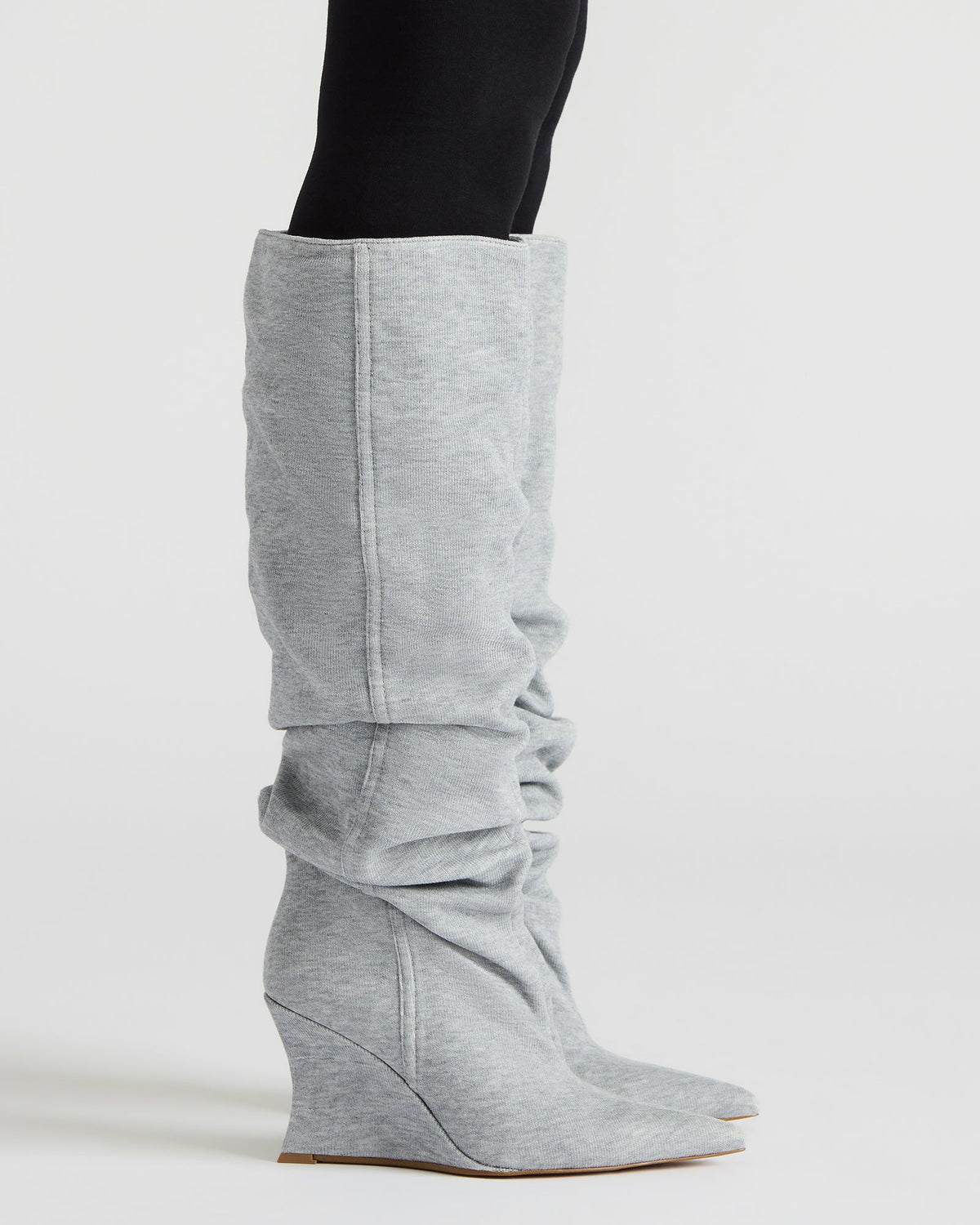 DISTORTION Grey Fabric Pointed-Toe Scrunched Knee-High Wedge Women's Boot - Steve Madden