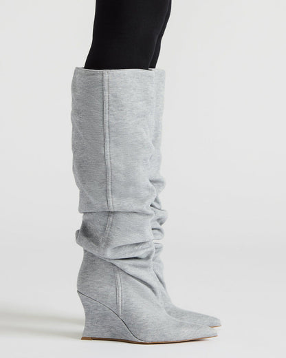 DISTORTION Grey Fabric Pointed-Toe Scrunched Knee-High Wedge Women's Boot - Steve Madden