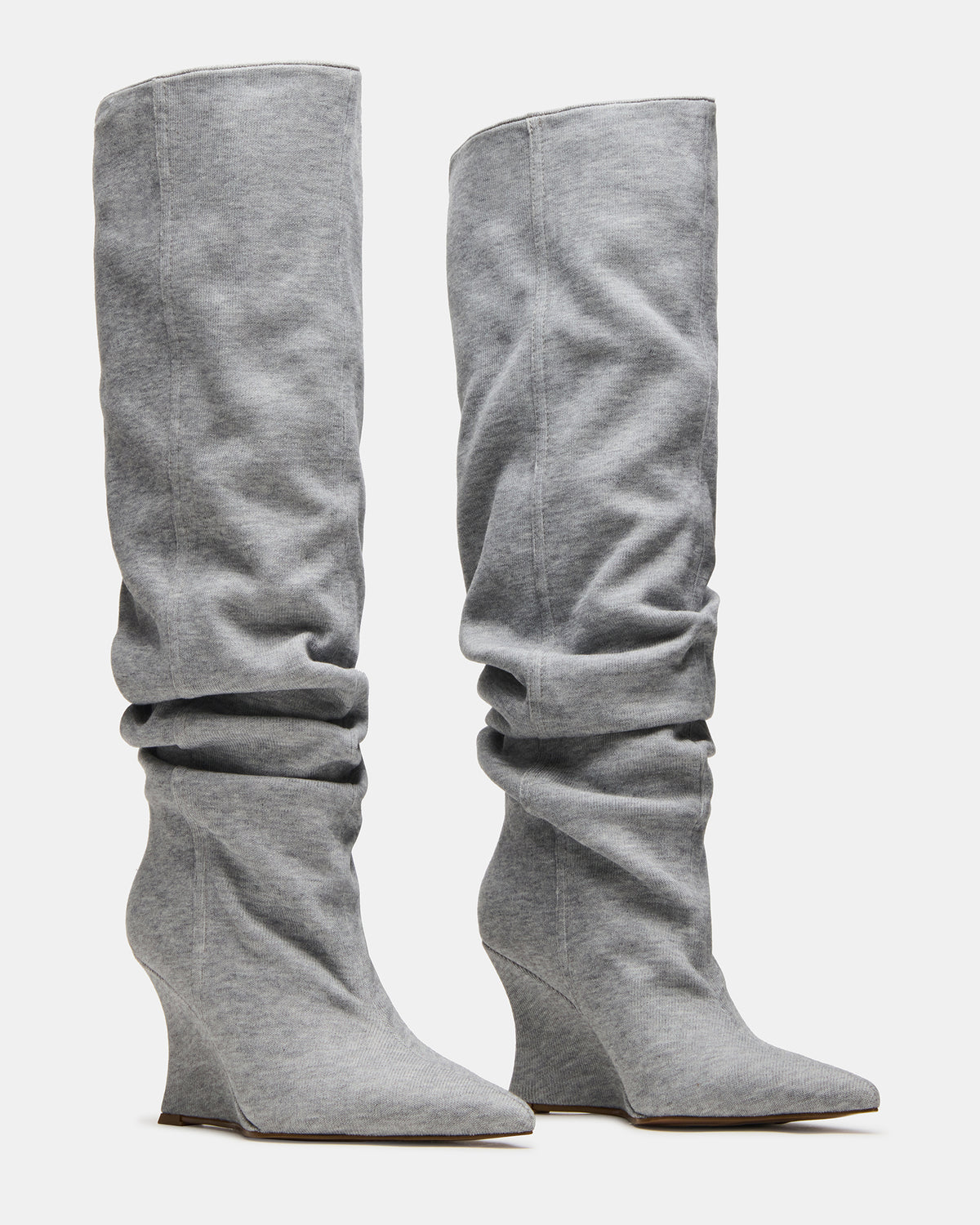DISTORTION Grey Fabric Pointed-Toe Scrunched Knee-High Wedge Women's Boot - Steve Madden