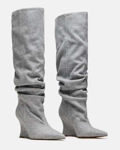 DISTORTION Grey Fabric Pointed-Toe Scrunched Knee-High Wedge Women's Boot - Steve Madden