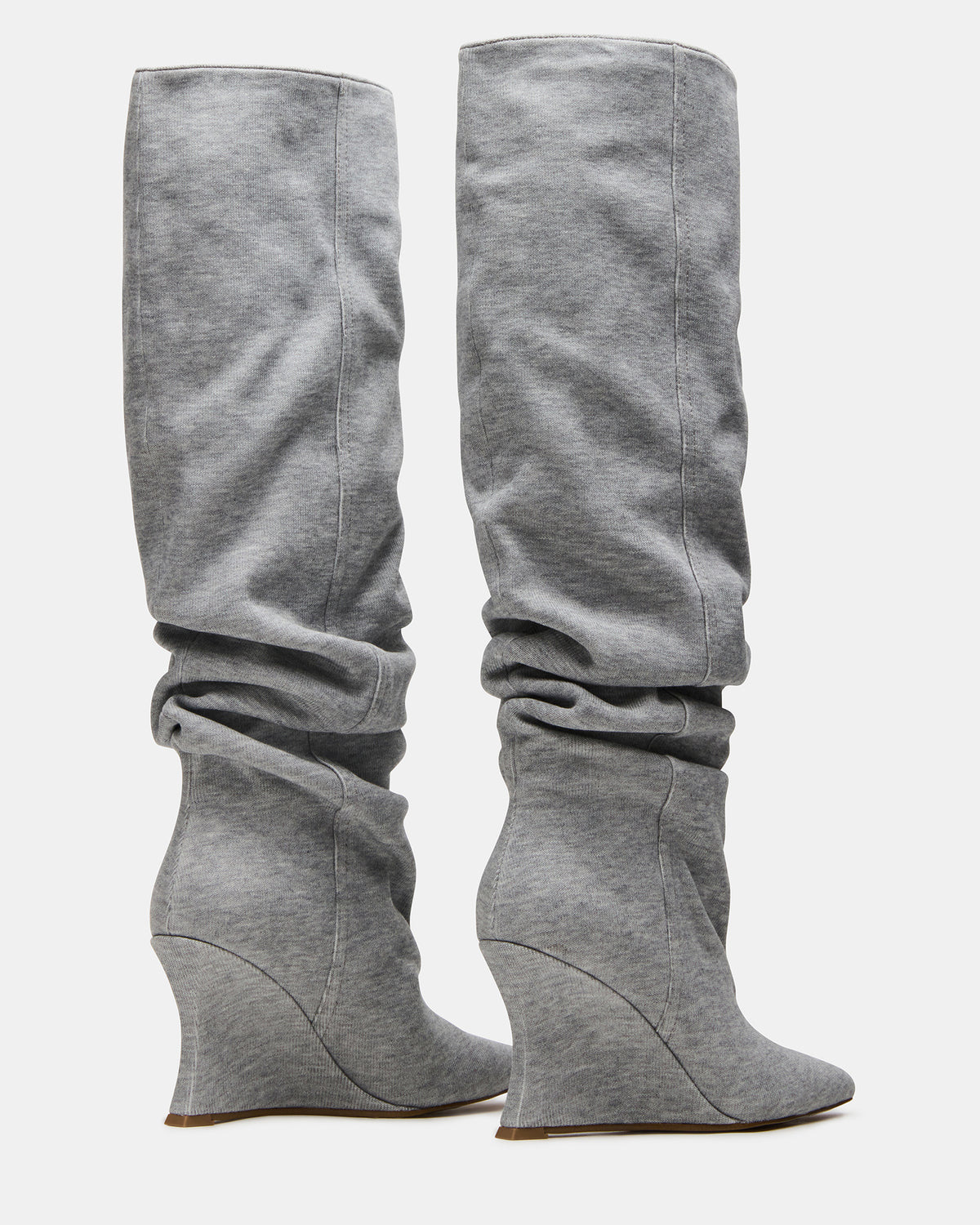 DISTORTION Grey Fabric Pointed-Toe Scrunched Knee-High Wedge Women's Boot - Steve Madden