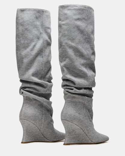 DISTORTION Grey Fabric Pointed-Toe Scrunched Knee-High Wedge Women's Boot - Steve Madden