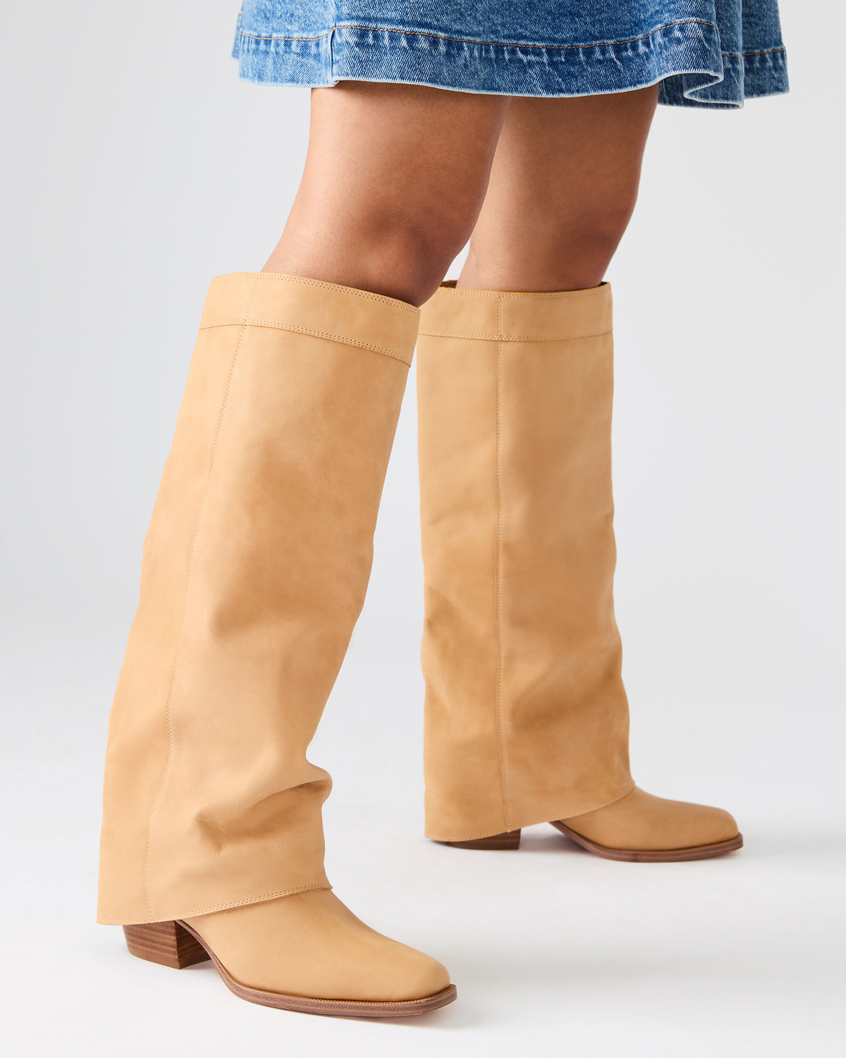 WINNICK Banana Leather Knee-High Cuffed Fold-Over Block Heel Women's Boot - Steve Madden