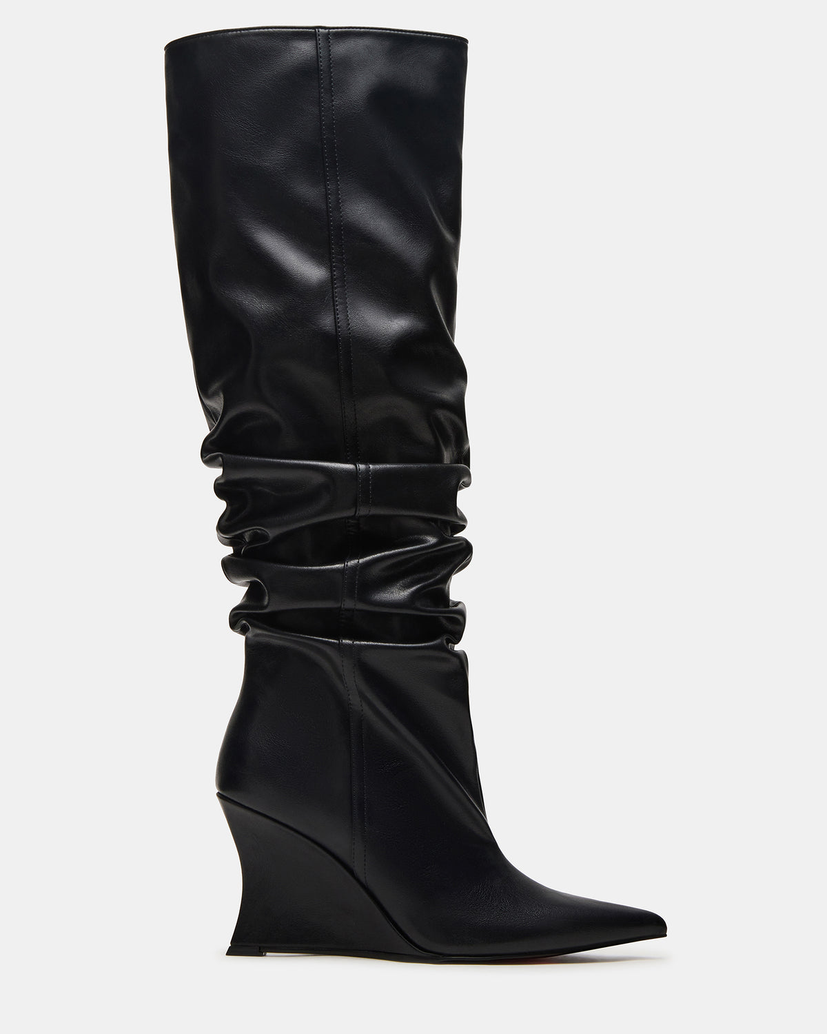 DISTORTION Black Pointed-Toe Scrunched Knee-High Wedge Women's Boot - Steve Madden