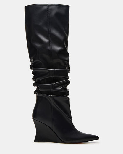 DISTORTION Black Pointed-Toe Scrunched Knee-High Wedge Women's Boot - Steve Madden