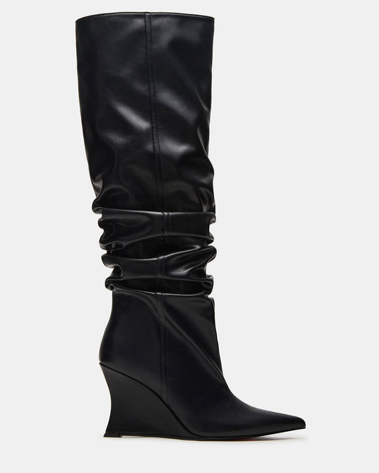 DISTORTION Black Pointed-Toe Scrunched Knee-High Wedge Women's Boot - Steve Madden