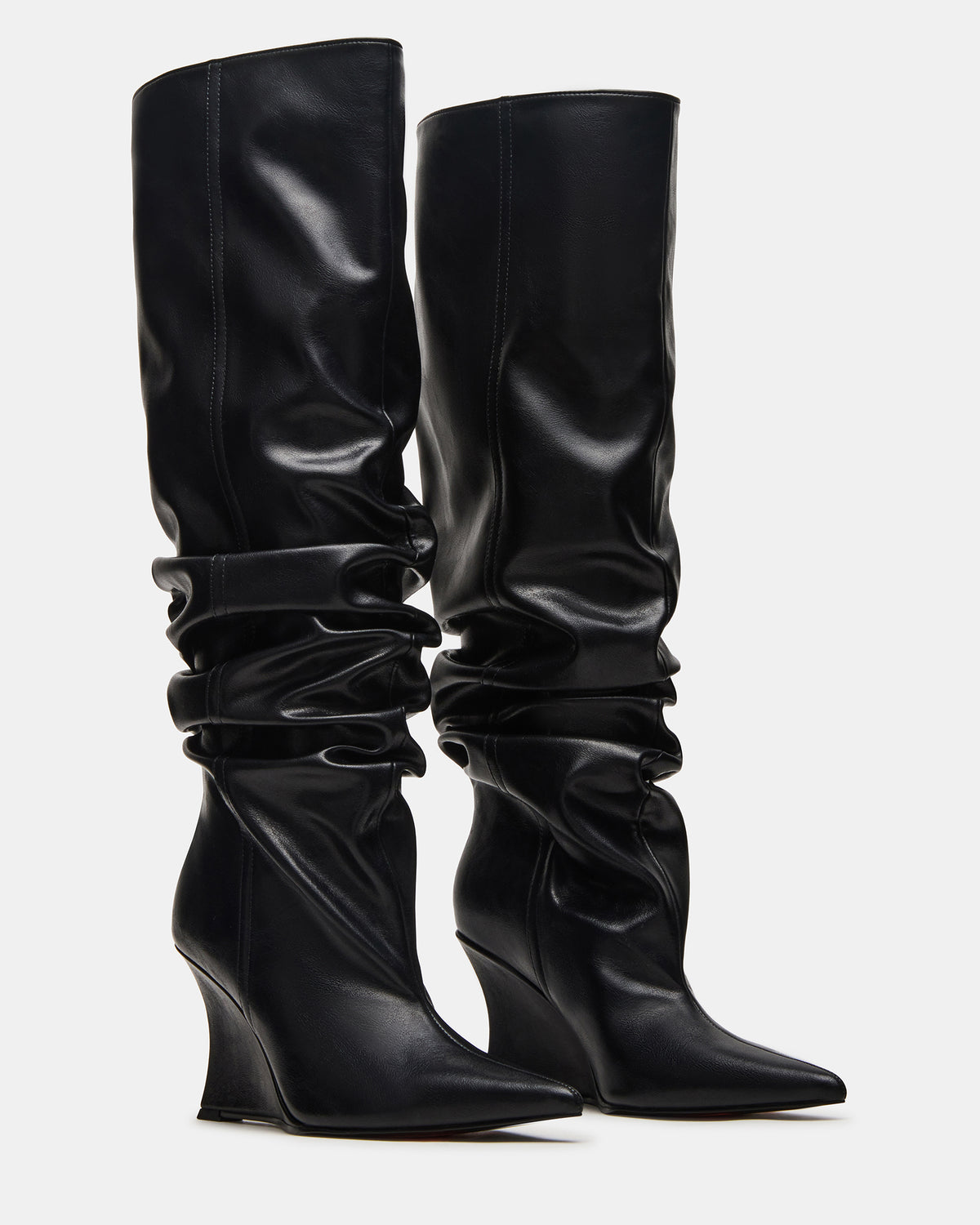DISTORTION Black Pointed-Toe Scrunched Knee-High Wedge Women's Boot - Steve Madden