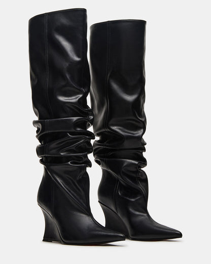 DISTORTION Black Pointed-Toe Scrunched Knee-High Wedge Women's Boot - Steve Madden