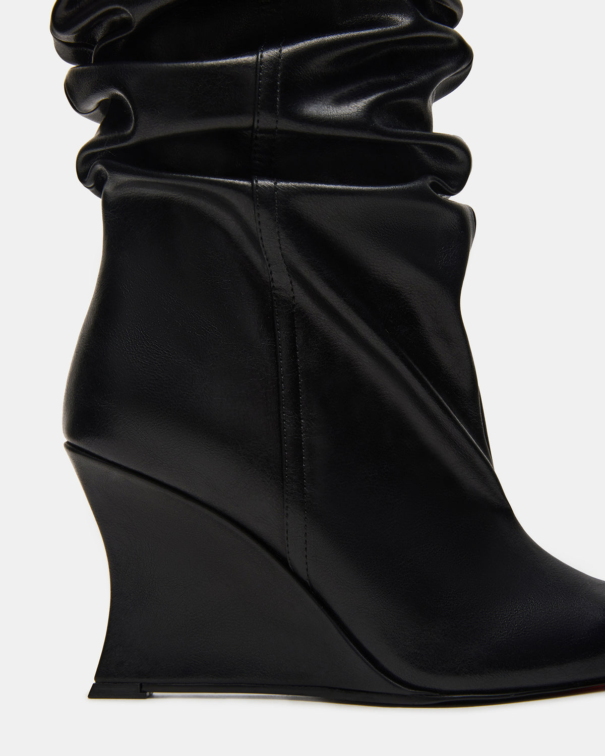 DISTORTION Black Pointed-Toe Scrunched Knee-High Wedge Women's Boot - Steve Madden