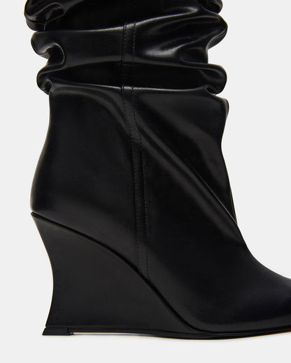 DISTORTION Black Pointed-Toe Scrunched Knee-High Wedge Women's Boot - Steve Madden