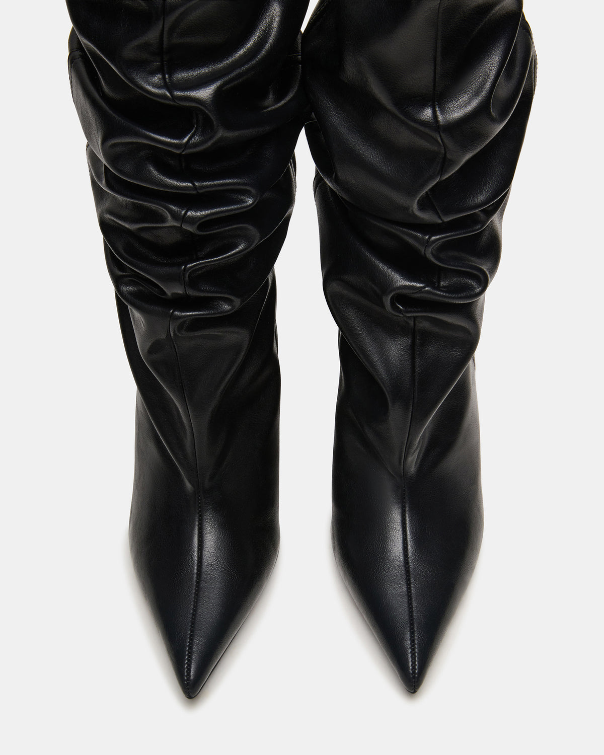 DISTORTION Black Pointed-Toe Scrunched Knee-High Wedge Women's Boot - Steve Madden
