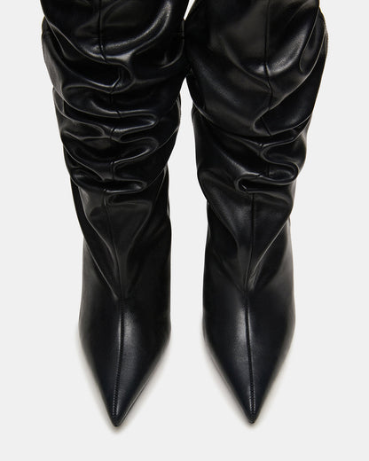 DISTORTION Black Pointed-Toe Scrunched Knee-High Wedge Women's Boot - Steve Madden