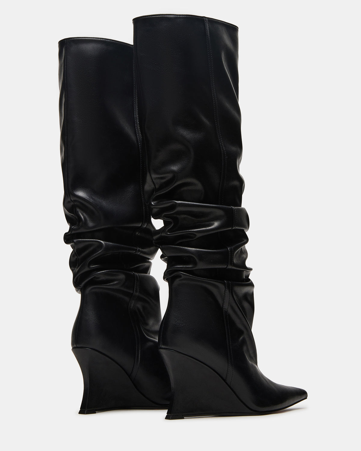 DISTORTION Black Pointed-Toe Scrunched Knee-High Wedge Women's Boot - Steve Madden