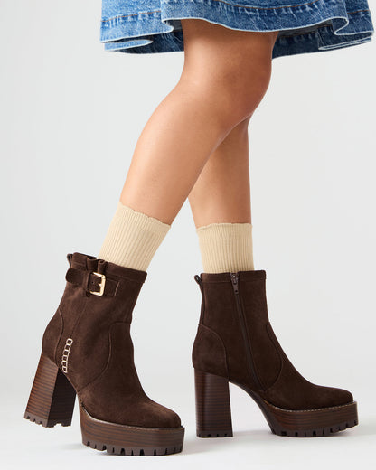 SUMMIT Dark Brown Suede Platform Lug Block Heel Women's Ankle Boot - Steve Madden