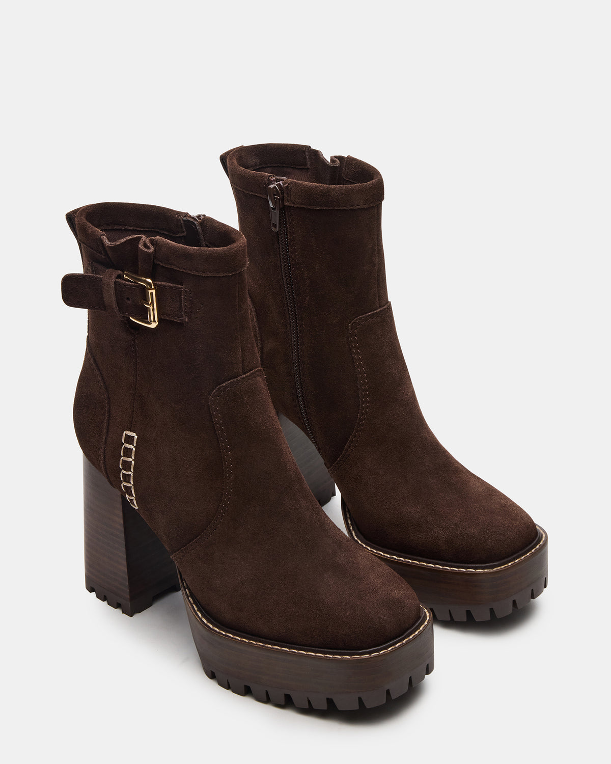 SUMMIT Dark Brown Suede Platform Lug Block Heel Women's Ankle Boot - Steve Madden