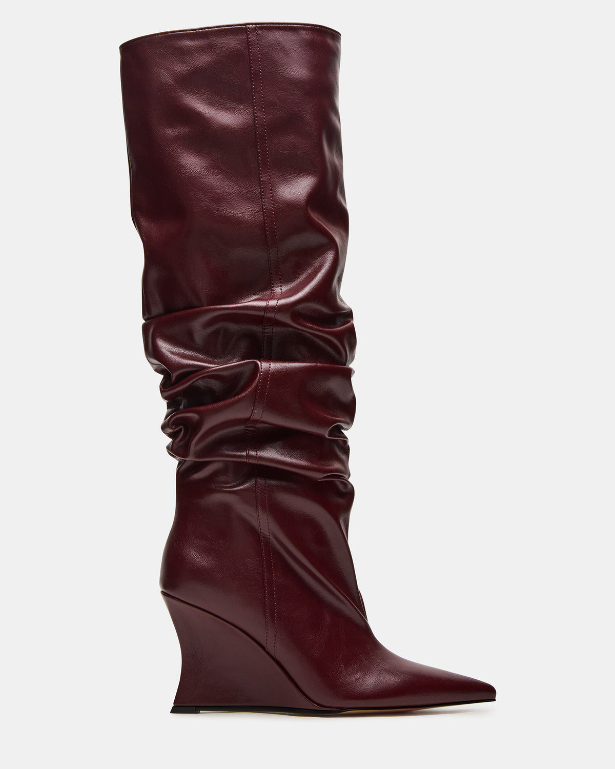 DISTORTION Burgundy Pointed-Toe Scrunched Knee-High Wedge Women's Boot - Steve Madden
