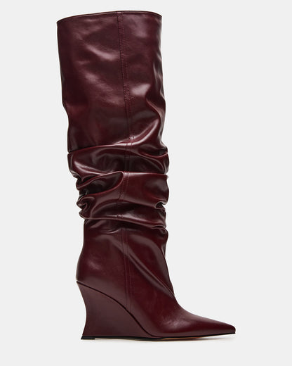 DISTORTION Burgundy Pointed-Toe Scrunched Knee-High Wedge Women's Boot - Steve Madden