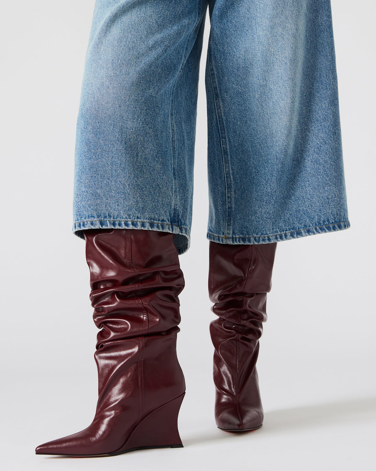 DISTORTION Burgundy Pointed-Toe Scrunched Knee-High Wedge Women's Boot - Steve Madden