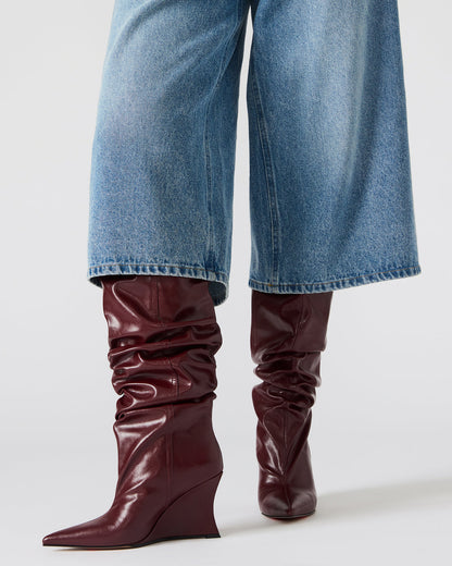 DISTORTION Burgundy Pointed-Toe Scrunched Knee-High Wedge Women's Boot - Steve Madden
