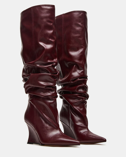 DISTORTION Burgundy Pointed-Toe Scrunched Knee-High Wedge Women's Boot - Steve Madden