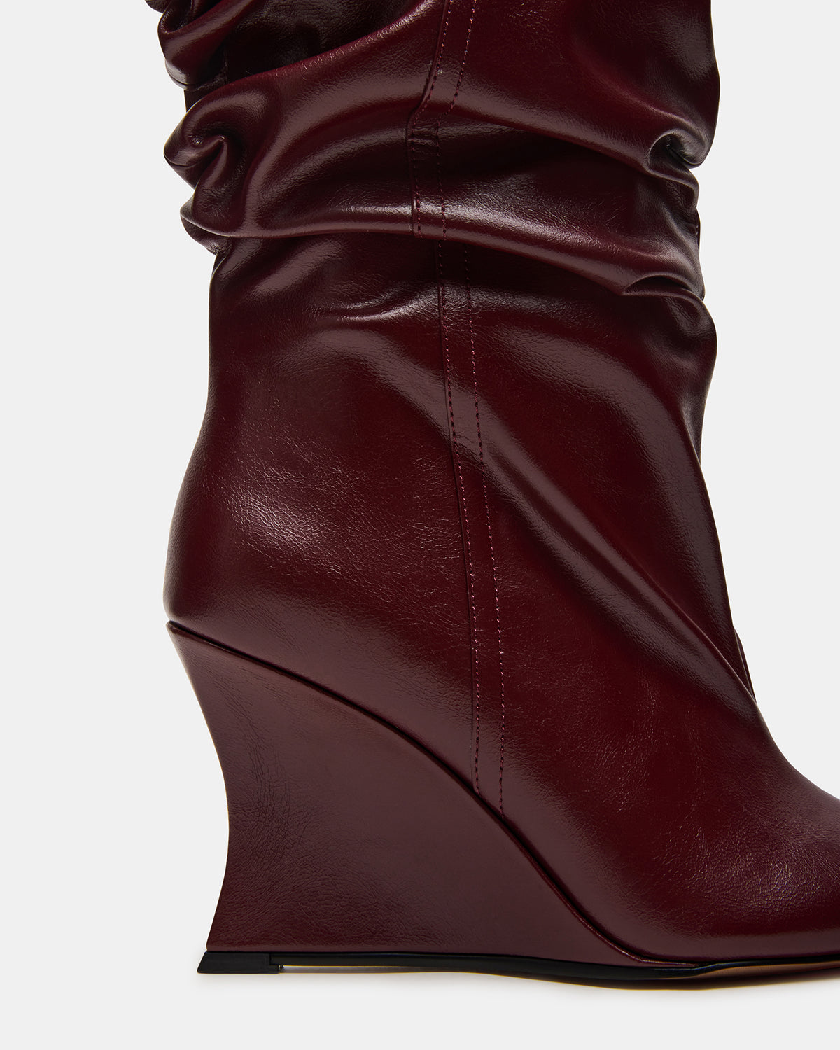 DISTORTION Burgundy Pointed-Toe Scrunched Knee-High Wedge Women's Boot - Steve Madden