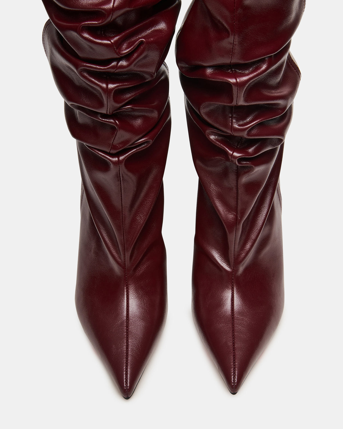 DISTORTION Burgundy Pointed-Toe Scrunched Knee-High Wedge Women's Boot - Steve Madden