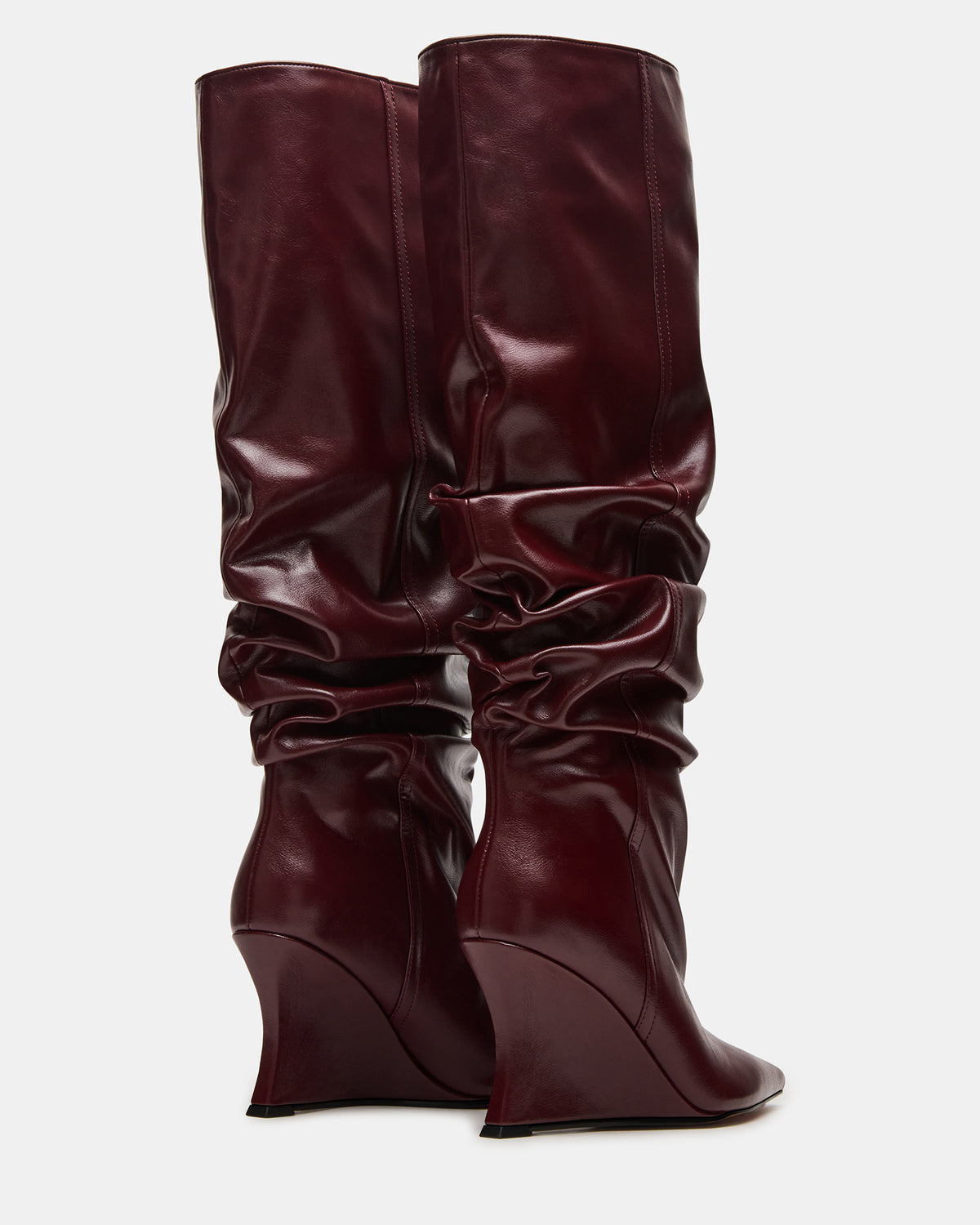 DISTORTION Burgundy Pointed-Toe Scrunched Knee-High Wedge Women's Boot - Steve Madden