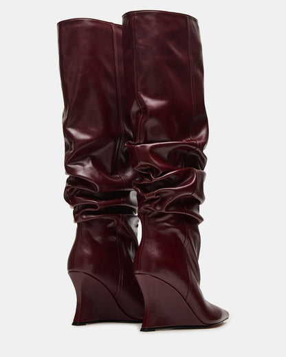 DISTORTION Burgundy Pointed-Toe Scrunched Knee-High Wedge Women's Boot - Steve Madden