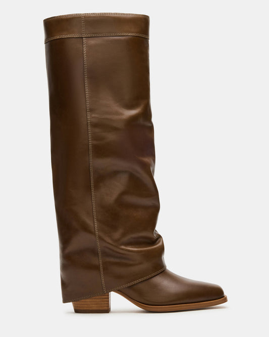WINNICK Olive Leather Knee-High Cuffed Fold-Over Block Heel Women's Boot - Steve Madden