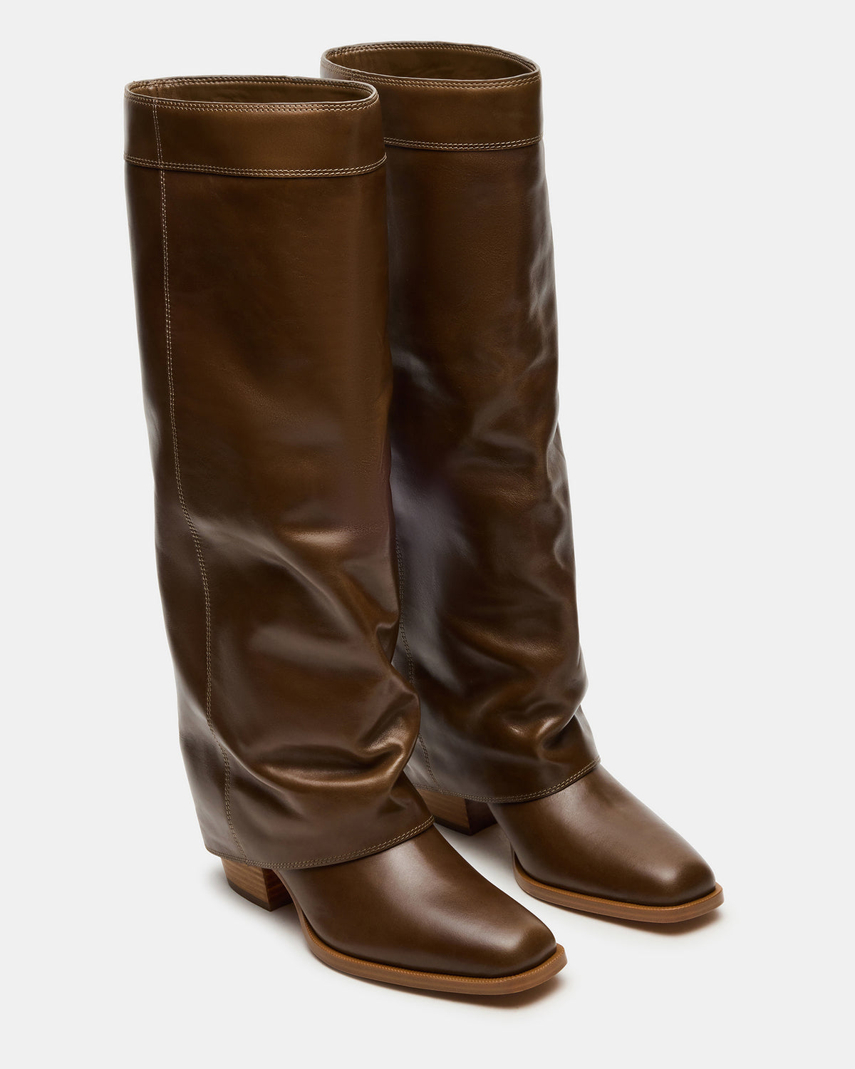 WINNICK Olive Leather Knee-High Cuffed Fold-Over Block Heel Women's Boot - Steve Madden
