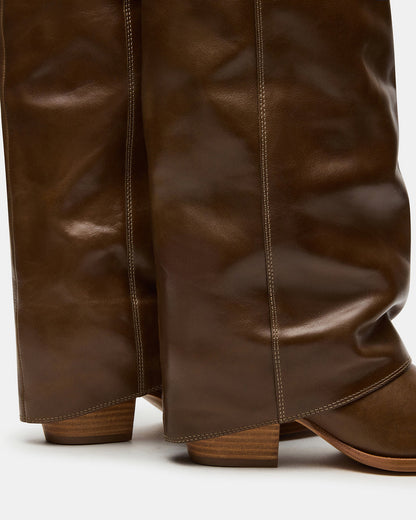 WINNICK Olive Leather Knee-High Cuffed Fold-Over Block Heel Women's Boot - Steve Madden