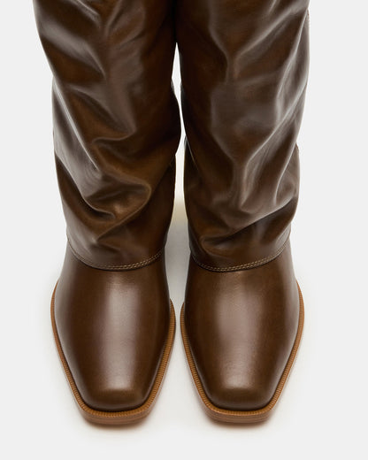 WINNICK Olive Leather Knee-High Cuffed Fold-Over Block Heel Women's Boot - Steve Madden