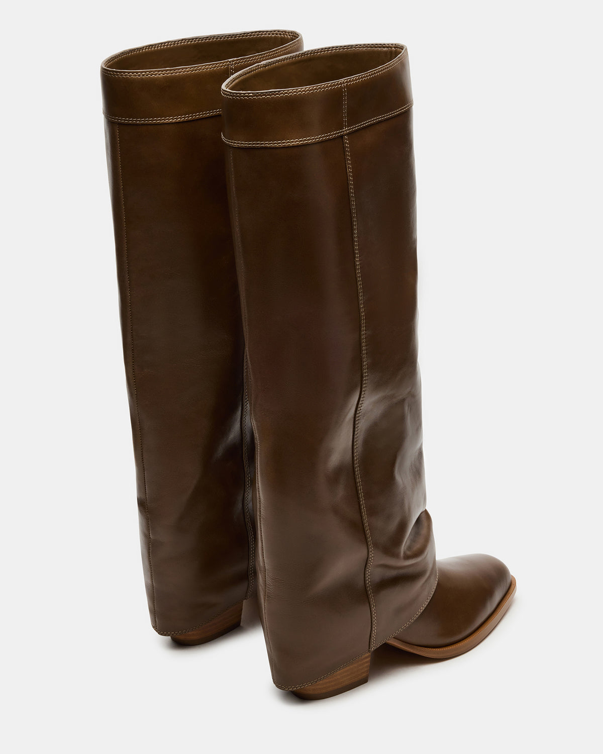 WINNICK Olive Leather Knee-High Cuffed Fold-Over Block Heel Women's Boot - Steve Madden