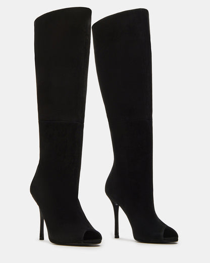 PEGGIE Black Suede Stiletto Heel Peep Toe Women's Boots - Steve Madden