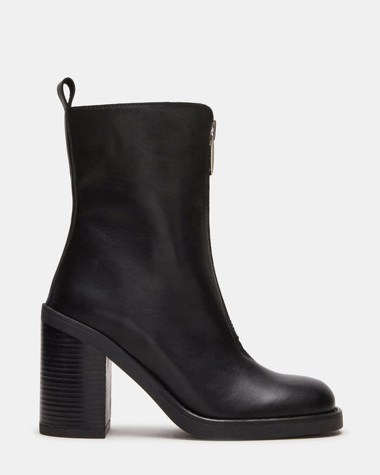 DECLAN Black Leather Block Heeled Ankle Boot | Women's Booties - Steve Madden