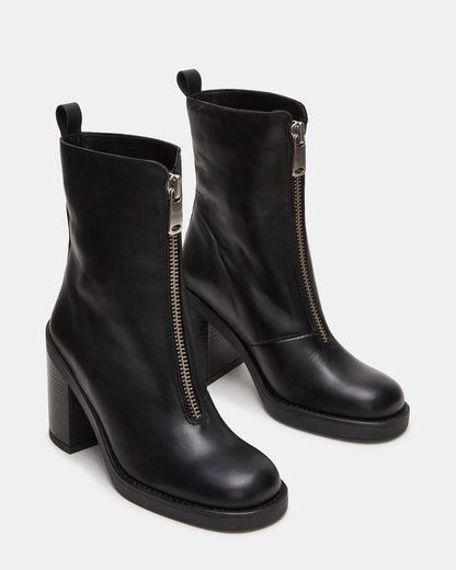 DECLAN Black Leather Block Heeled Ankle Boot | Women's Booties - Steve Madden