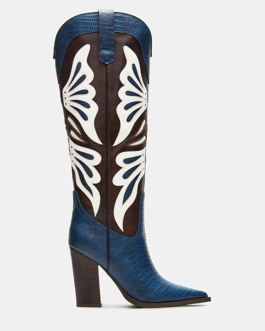 KAZ Blue/White Pointed-Toe Knee-High Block Heel Western Women's Boot - Steve Madden