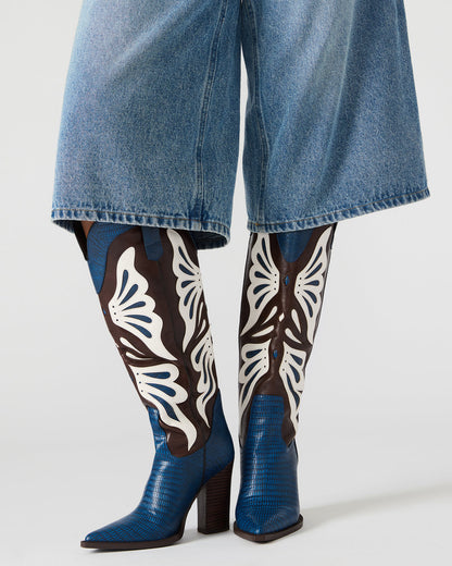 KAZ Blue/White Pointed-Toe Knee-High Block Heel Western Women's Boot - Steve Madden