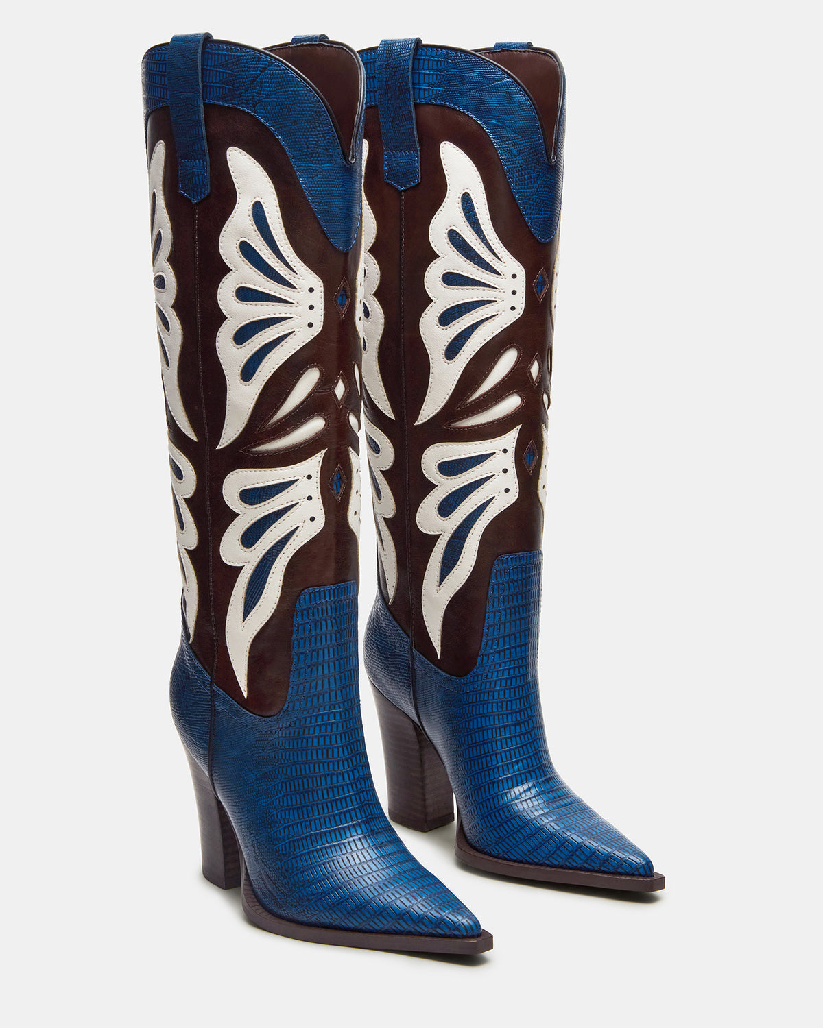 KAZ Blue/White Pointed-Toe Knee-High Block Heel Western Women's Boot - Steve Madden