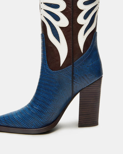 KAZ Blue/White Pointed-Toe Knee-High Block Heel Western Women's Boot - Steve Madden