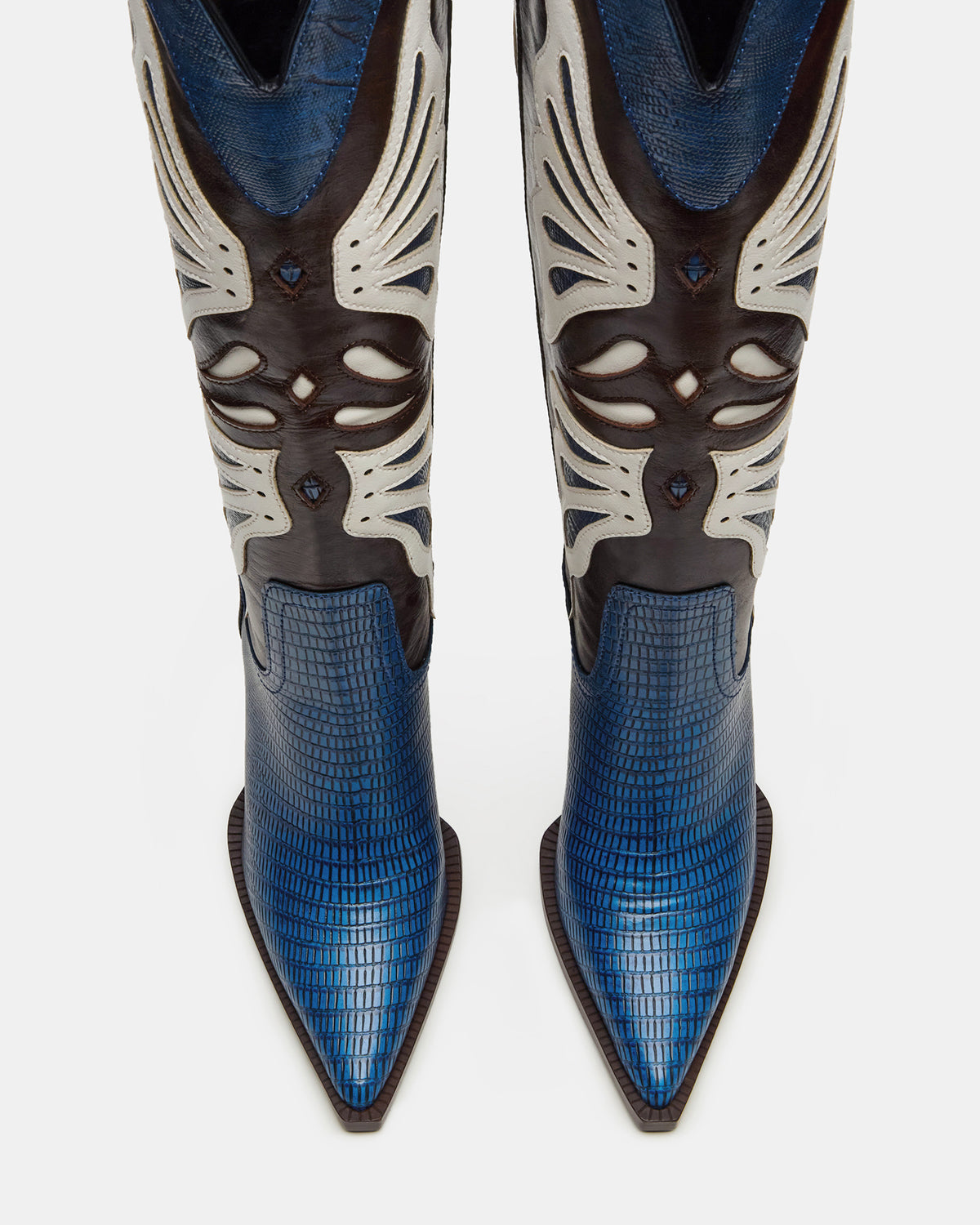 KAZ Blue/White Pointed-Toe Knee-High Block Heel Western Women's Boot - Steve Madden