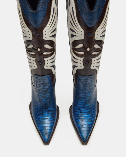 KAZ Blue/White Pointed-Toe Knee-High Block Heel Western Women's Boot - Steve Madden