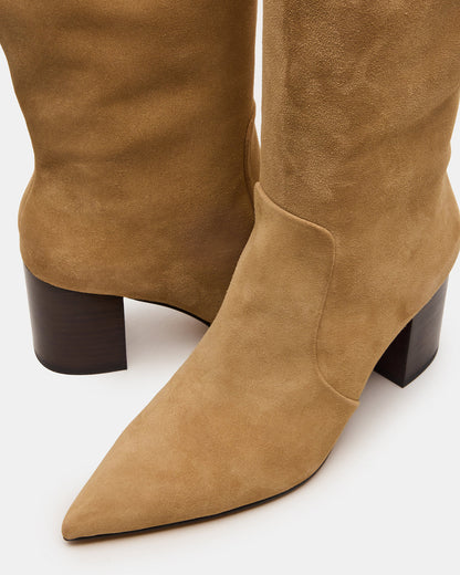 SKYLINE Taupe Suede Knee-High Pointed Toe Women's Boot - Steve Madden