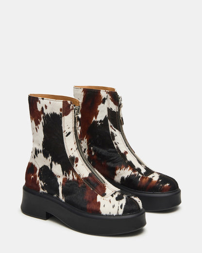 JONES Brown Cow Print Zipper Lug Women's Ankle Boot - Steve Madden